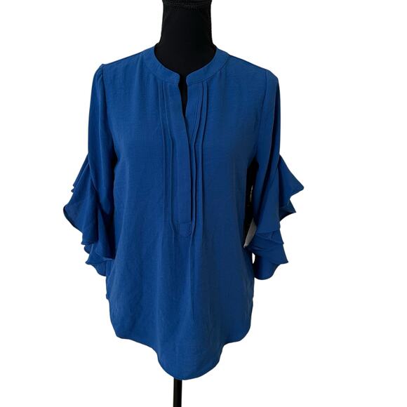 Vince Camuto Women Sapphire Blue Ruffle Sleeve Split Neck Blouse Size XS - NWT - Picture 8 of 8